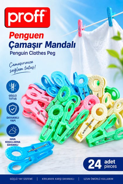 Penguin 24-Piece Clothes Pegs - Break-Resistant Strong Spring-Loaded Non-Marking Pegs Set