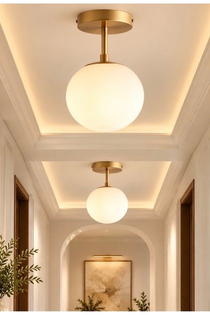 Modern Tekli Beyaz Glop Camlı Tavan Salon Oturma Odası Mutfak Hol Antre Avize Eskitme Gold