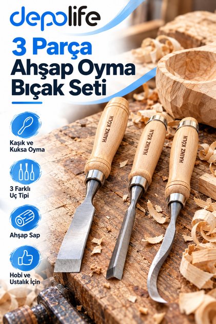 Ahşap işleme oyma bıçak seti 3 Parçalı Kaşık Kuksa Oyma Oval Köşeli Kıvrık iskarpela Seti