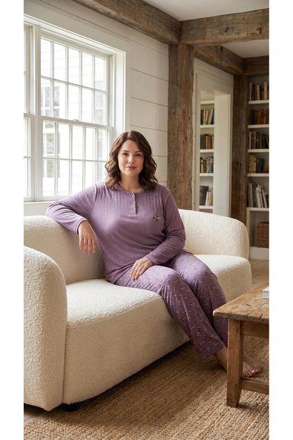 Women's Winter Plus Size Curve Embroidered Patterned Collar Buttoned Long Sleeve Pajama Set