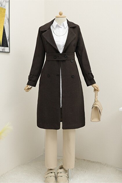 Belted Lined Coat with Bolero Detail -Brown