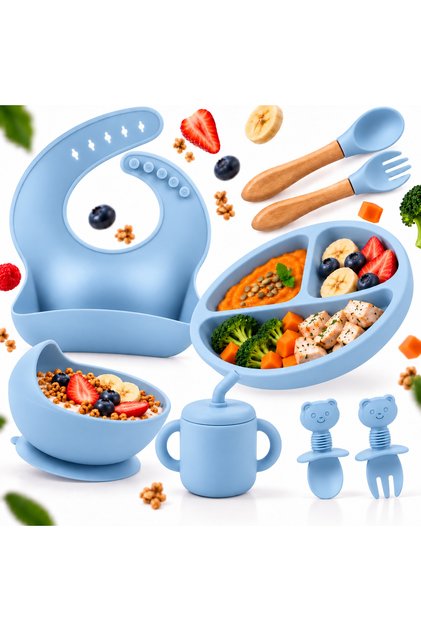 Set Diversificare Bebelusi ZUKO, 10 Piese, Hranire Copii, Silicon BPA Free, Farfurie Compartimentata, Bol cu Ventuza, Tacamuri, Baveta, Cana – Albastru