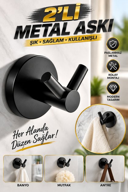 Metal Sağlam Banyo Lavabo 2'li Askılık Aparat Bornoz Havlu Asma Askı Vidalı Siyah Renk