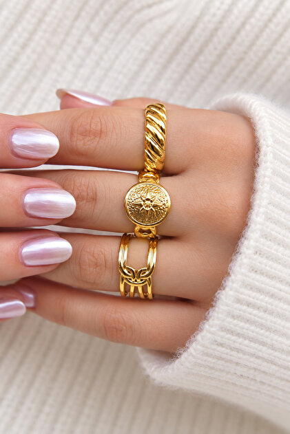 Women's Gold Color Adjustable Steel Ring (3 Pieces)