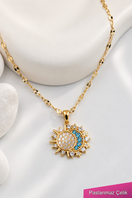 Women's Stainless Steel Gold Chain Sun and Moon Necklace