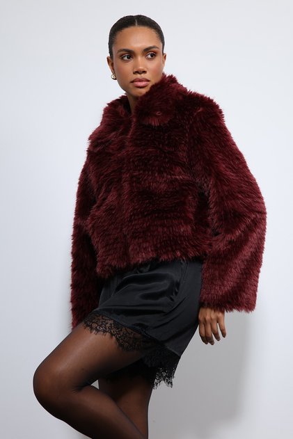 Bordo Peluş Görünümlü Mont