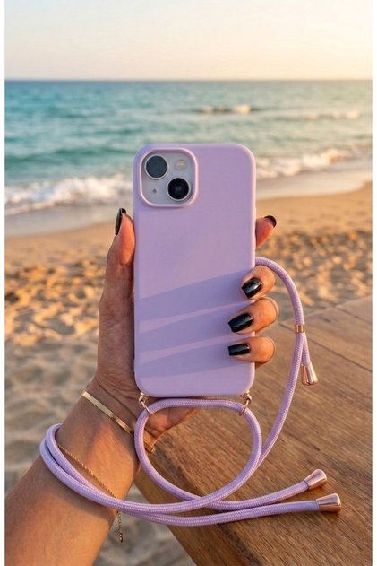 Soft Silicone Velvet Phone Case with Strap Compatible with iPhone 14 Plus / 15 Plus, Cord 130 cm
