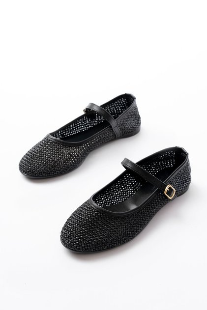 Zri̇n-7432 Premium Black Mesh Casual Ballerinas with Buckle Detail