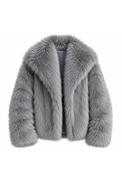 Yumuşak Dokunuşlu Oversize Premium Kürk Gri Peluş Mont