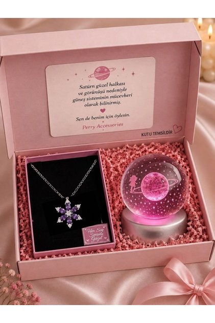 Kararmaz Mor Çelik Lotus Kolye Ve 3d Satürn Kız Kar Küresi Renk Değiştiren Küre Hediyelik