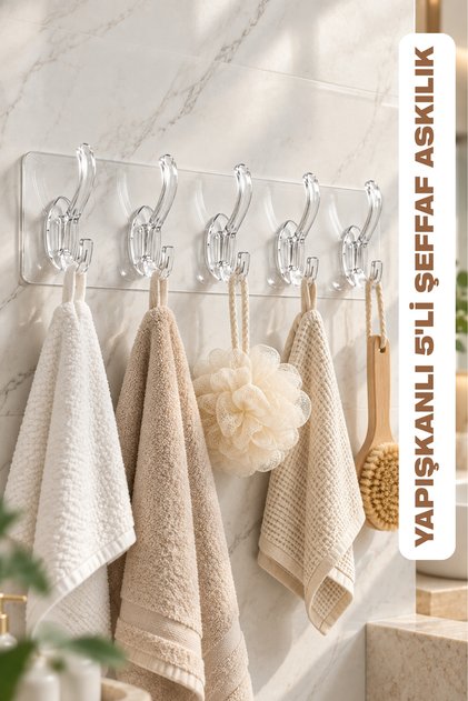 Kendinden Yapışkanlı Güçlü 5 Li Şeffaf Askılık-banyo-mutfak-kapı Arkası