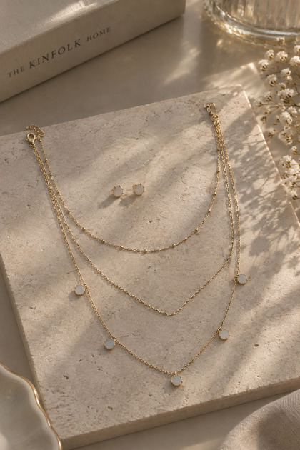 Gold Taş Detaylı Minimal Kolye/Küpe Seti (Altın Kaplama)