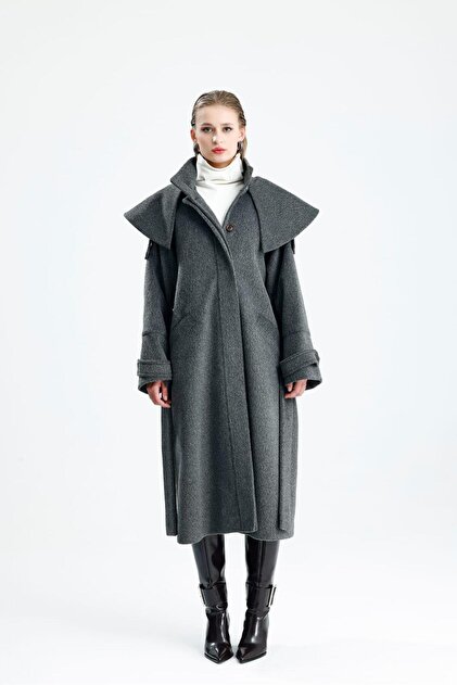 Kephira Kaşe Gray Long Coat with Detachable Collar