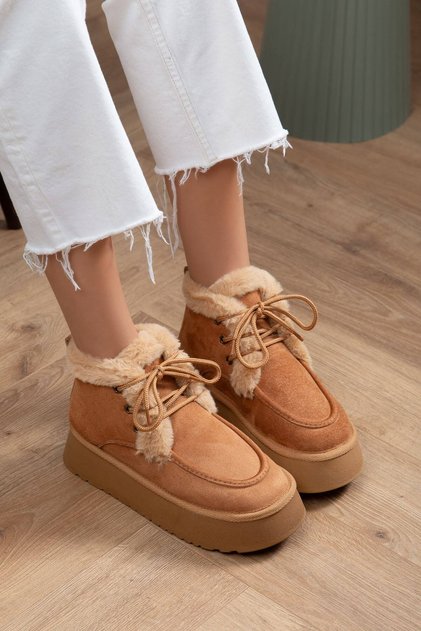 Women's Tan Suede Fur Lace-Up 5cm Thick Sole Winter Boots B21
