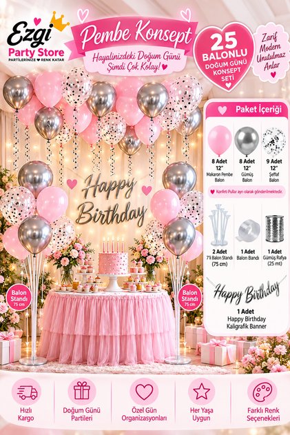 25 Balonlu Pembe Gümüş Şeffaf Doğum Günü Konsept Seti 2 Adet 7'li Balon Standı Happy Birthday Banner