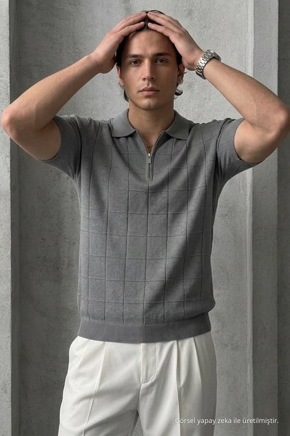 Men's Striped Relax Fit Knitwear Smoked Polo Neck t Shirt