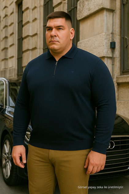Men's Basic Plus Size Navy Blue Zippered Sweatshirt