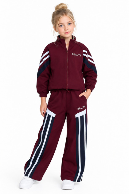 Girl's Stylish Sports 2-Piece Tracksuit Set – Zippered Top & Side Stripe Detailed Bottom 6712