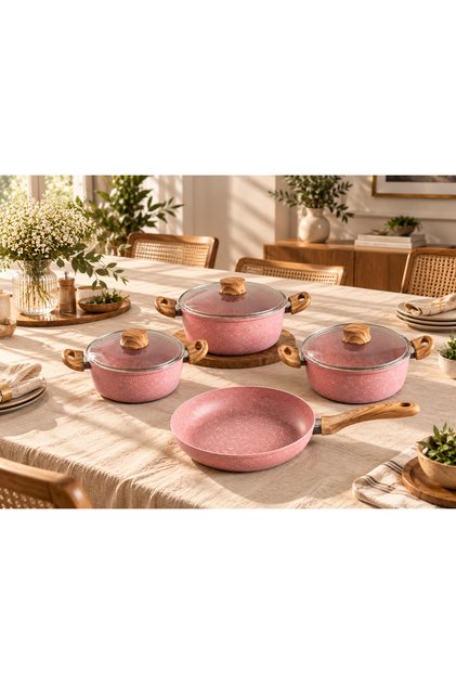TENCERE 4'LÜ SET 7 PARÇA PEMBE AHŞAP KULPLU 20 CM 24 CM 26 CM TENCERELER 26 CM TAVA