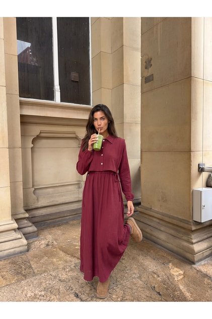 Burgundy Woven Fabric Shirt Collar Waist Gathered Detailed Comfortable Fit Long Sleeve Dress