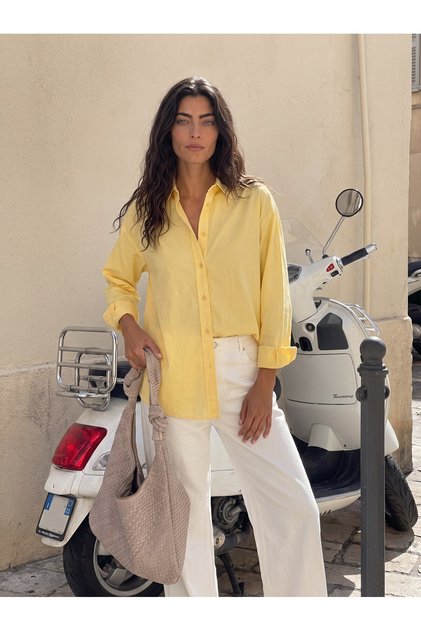 Κίτρινο ελαστικό ύφασμα Lycra, με κουμπιά, με ανοιχτούς ώμους, μεγάλου μεγέθους, βασικό μακρυμάνικο πουκάμισο με γιακά