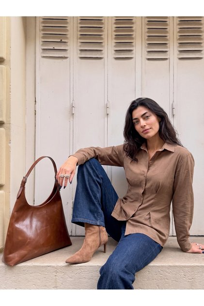 Brown Woven Fabric Shirt Collar Long Sleeve Relaxed Fit Buttoned Shirt with Pleated Detail on the Front