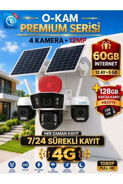 OK335B Premium Serisi 12MP 4 Kameralı 4G Çift Solar Panel Gece Görüş 128gb + 1Yıl internet