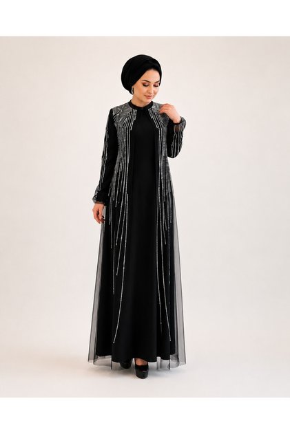 5008 KOLU OMZU AŞAĞIYA KADAR TAŞ DETAYLI ÜSTÜ TÜL İÇİ SANDY ABAYA #02-25#