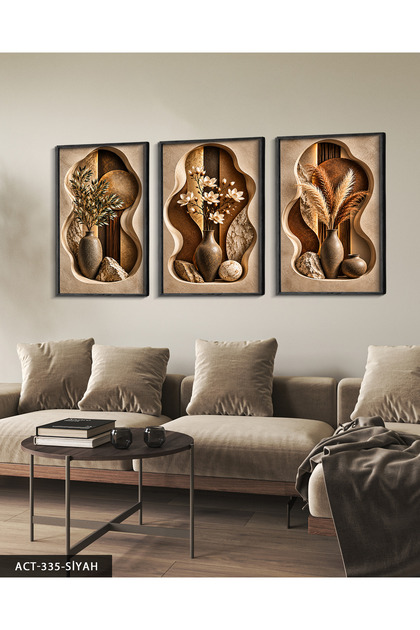 Boho Style Plants in Vase 3 Piece Wooden Framed Painting Act