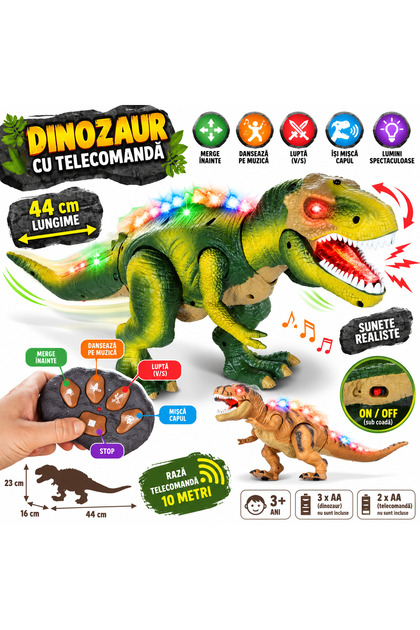 Dinozaur Interactiv cu Telecomanda SOLTOY® – Miscare, Dans, Sunete si Lumini, Functie Lupta, 44 cm