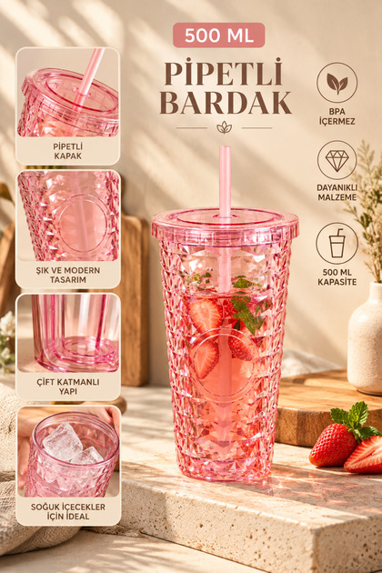 Pipetli Mika Bardak 750 ml - Kapaklı ve Pipetli İçecek ve Meşrubat Bardağı