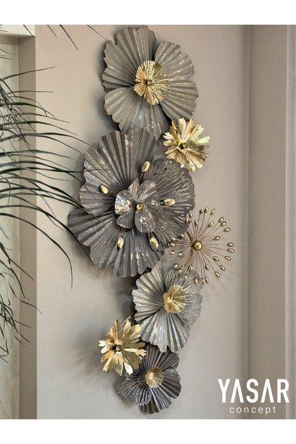 Petralis Çiçekli Metal Duvar Panosu Tablosu Vizon Kahve ve Gold 68x130 Cm