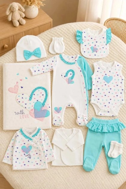 Baby Girl 10 Piece Heart and Swan Patterned Newborn Hospital Discharge Set