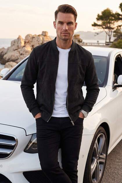Men's Black Slim Fit Stretch Fabric Zippered Suede Jacket – Transitional Slim Premium Coat 2504334