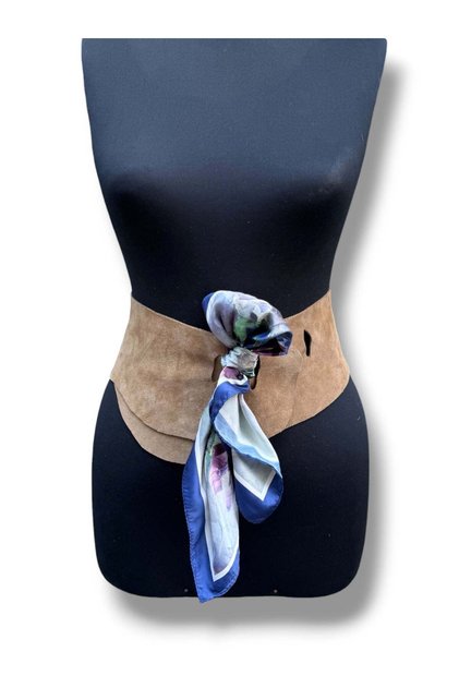 Women's Tan Blue Scarf Detailed Nubuck Leather Belt - Monet Design Corset Belt - Standard Size