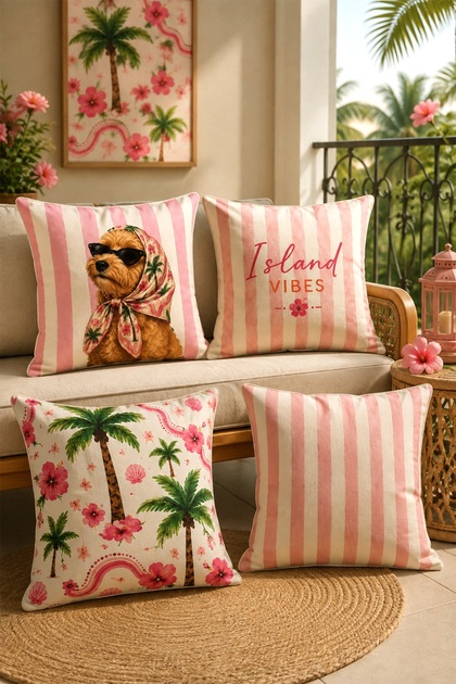 Dog Patterned 4-Piece Throw Pillow Cover Set with Glasses and Scarf