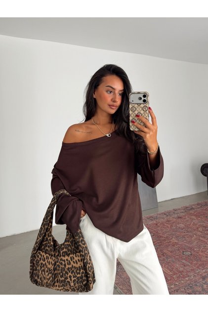 Off-Shoulder Wide Sleeve Blouse - Coffee