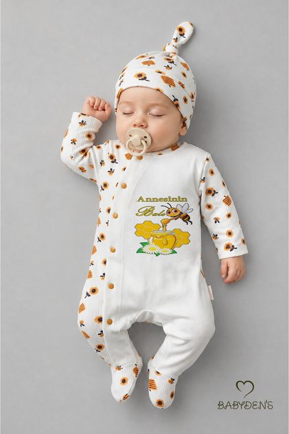 Mother's Honey Written Newborn Baby Romper Hat Set Bee Patterned 100% Cotton Snap Fastener Baby Romper