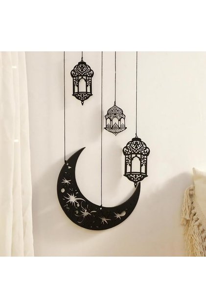 زينة رمضان 4 قطع، ديكورات العيد، قلادة خشبية مكتوب عليها عيد مبارك، هلال ونجمة سوداء مجوفة
