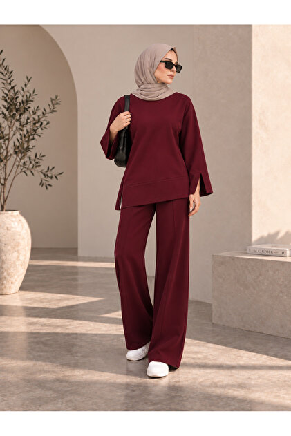 Women's Burgundy Ribbed Front Wide-Leg Modal Fabric High Waist Gathering Pants Leggings & Oversize Hijab Tunic Two-Piece Set