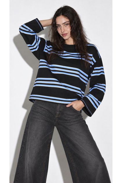 Women's Black Blue White Striped Crew Neck Oversize Sweatshirt