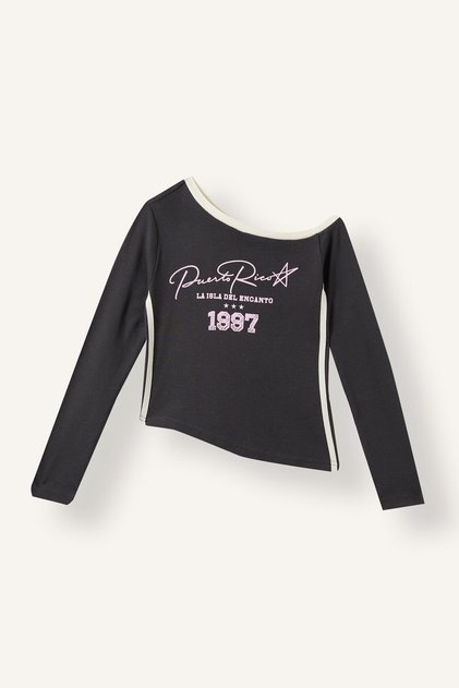 Fashion Fit Asymmetrical Waist Boat Neck Printed Ribbed Long Sleeve T-Shirt Girls I8451A826Au