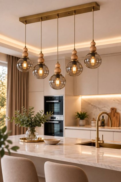 Vi̇ona 5-Row Chandelier | | Antique Body | | Smoked Glop Glass | | Natural Wood Detailled Chandelier Modern Chandelier with E-27 Lampholder ✨ Ceiling Mounted Chandelier ✨ Living Room Chandelier Dining Table Top Lighting