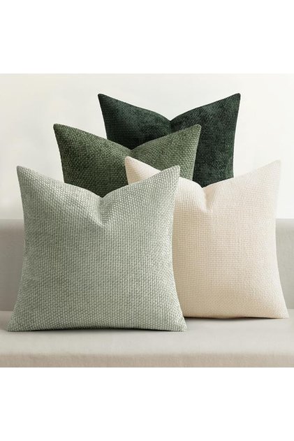 4 Pack Chenille Throw Pillow Covers, 18"x18" Neutral Green Soft Cushion Covers with Zipper,