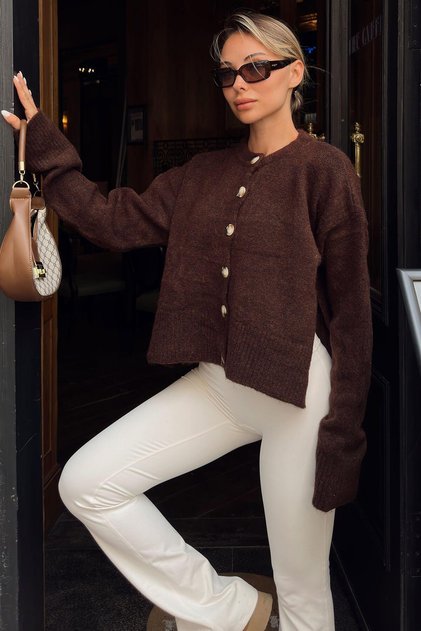 Brown Pure 6-Button Slit Embellished Women's Short Knit Cardigan