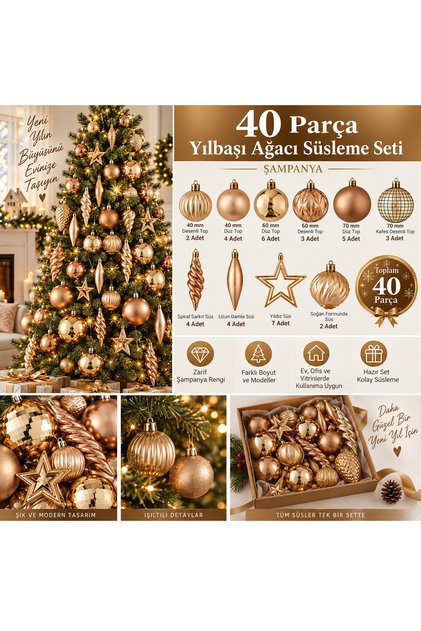 🎄 40 Parça Şampanya Yılbaşı Ağacı Süsleme Seti | Zarif Top, Yıldız, Damla ve Dekoratif Süsler