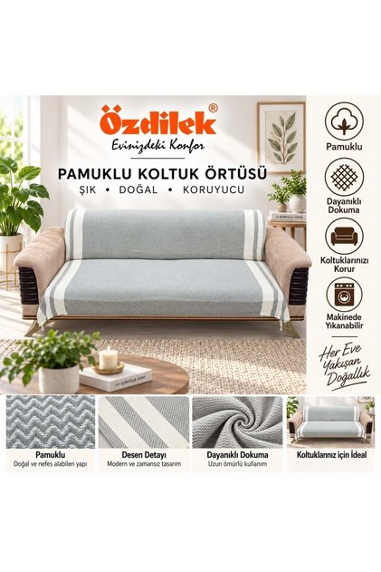 Pamuklu Kaymaz Zigzag Koltuk Örtüsü (170x210) - Haki Yeşili