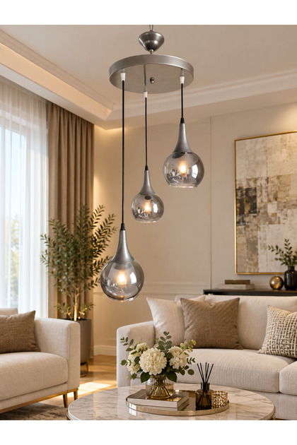 Jülyet Modern Çift füme Camlı 3lü Sarkıt Avize