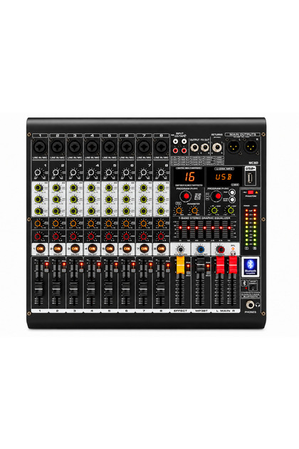 Mixer audio, 2 x 450W, 8 canale, Amplificat, Stereo canal, 16 DSP Efecte digitale, Bluetooth, USB, Mp3, Egalizator 7 benzi, Alimentare Phantom +48V