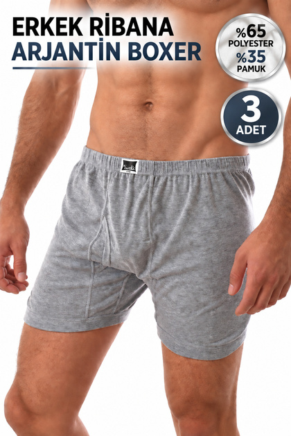 Men's Argentina Boxer 35% Cotton 65% Polyester Ribbed (Tutku Authorized Seller) Non-Squeezing Leg 3 Pieces – Gray
